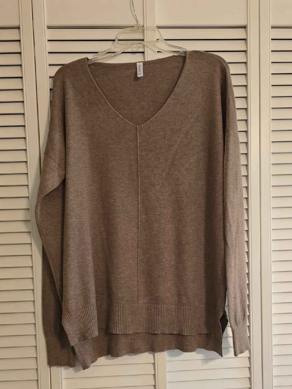 Classic V‑Neck Taupe Knit Sweater - Women's